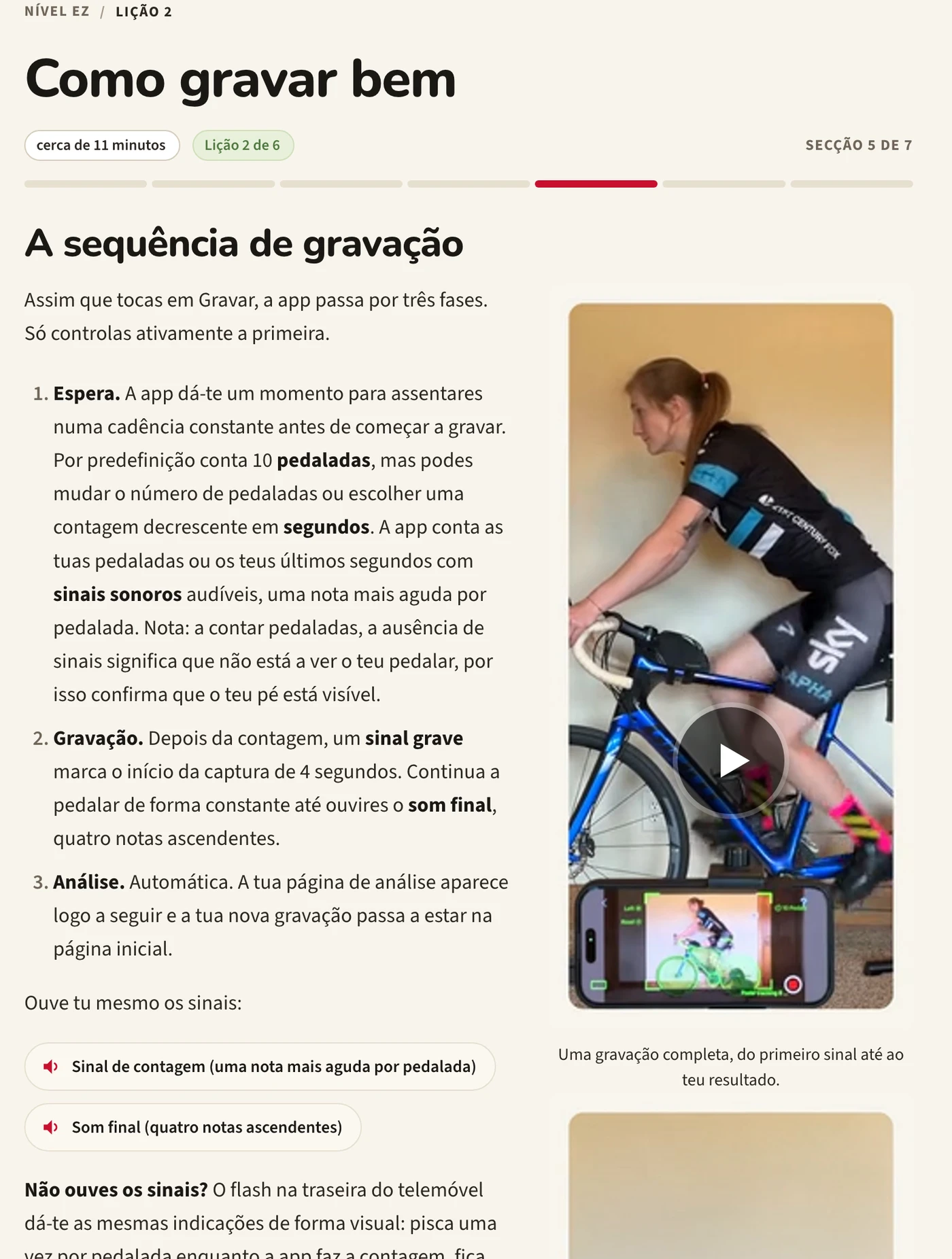 A lição Como gravar bem na Academia BFF: uma sequência de gravação numerada ao lado de fotografias de um ciclista e de um telemóvel num tripé