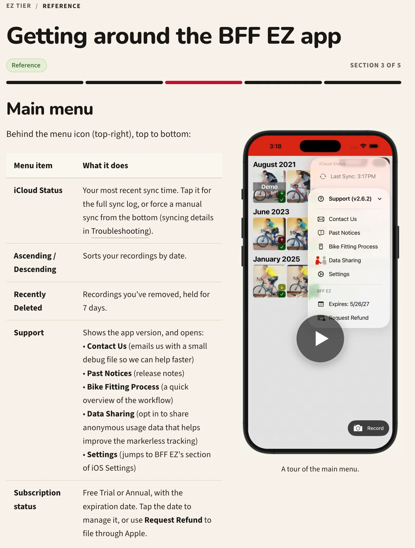 The Getting around the BFF EZ app reference page in BFF Academy: a table of every main menu item and what it does, beside a phone showing that menu open
