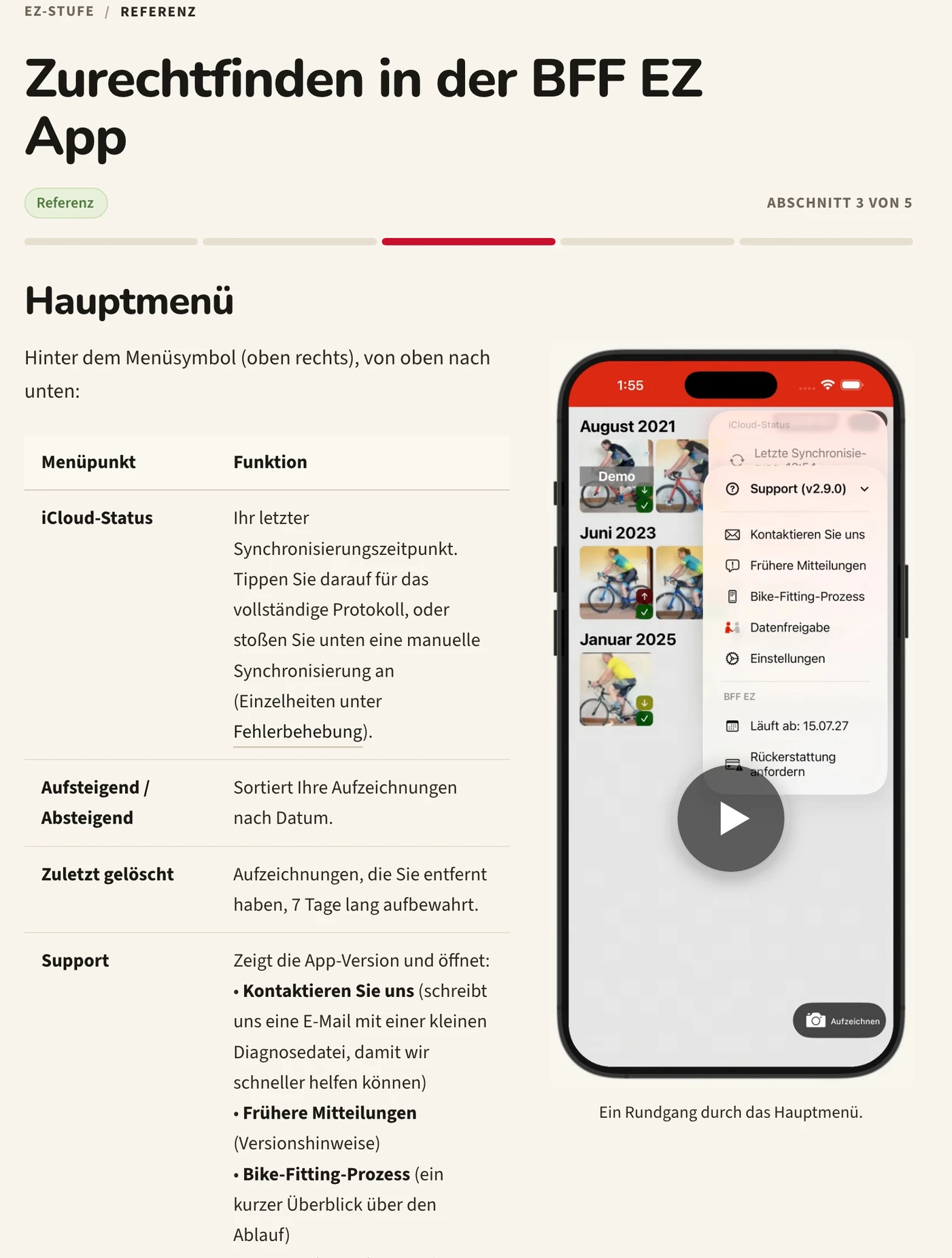 Die Referenzseite zur Bedienung der BFF EZ-App in der BFF Akademie: eine Tabelle aller Hauptmenüpunkte und ihrer Funktionen, daneben ein Smartphone mit geöffnetem Menü