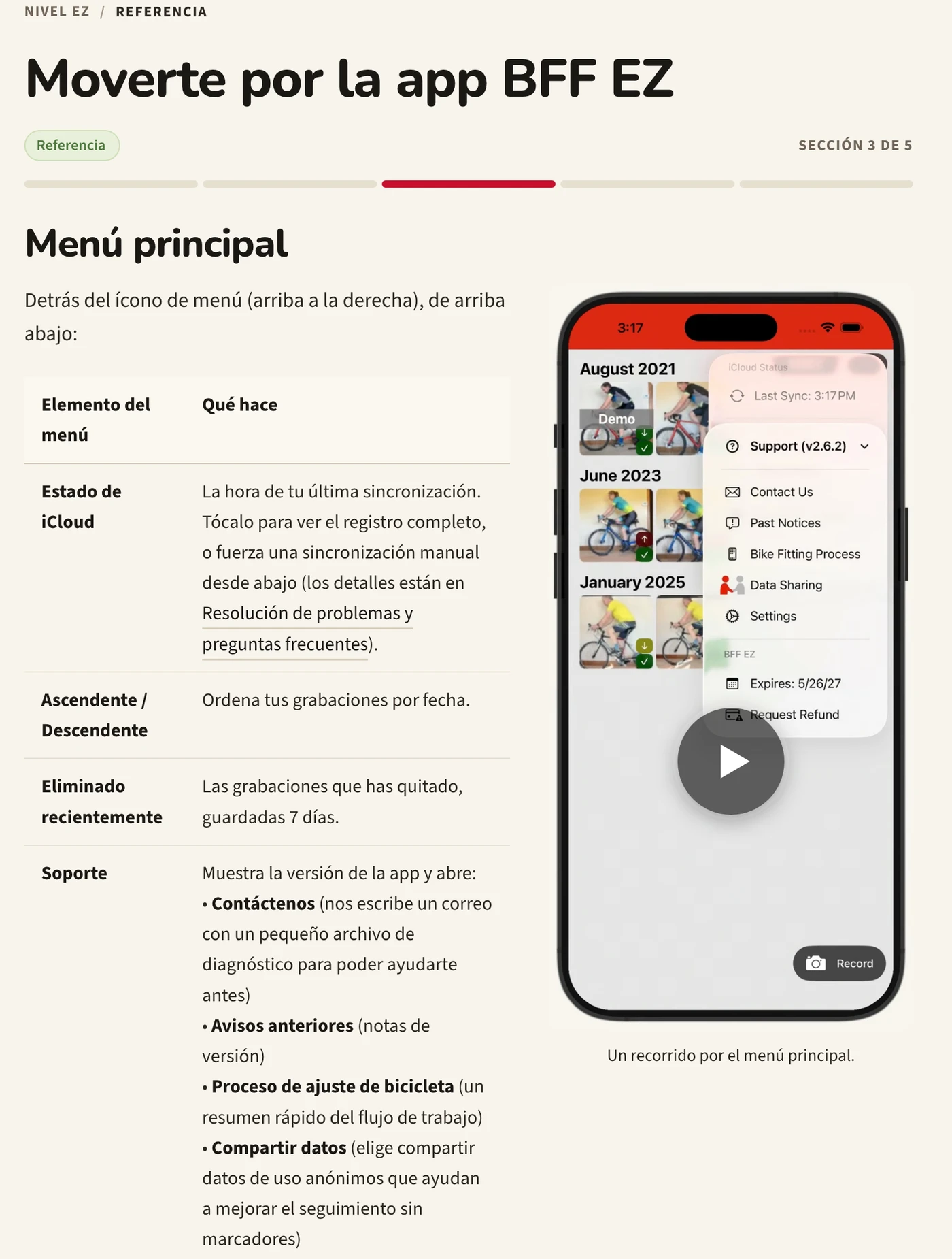 La página de referencia para moverse por la app BFF EZ en la Academia BFF: una tabla con cada elemento del menú principal y su función, junto a un teléfono con ese menú abierto