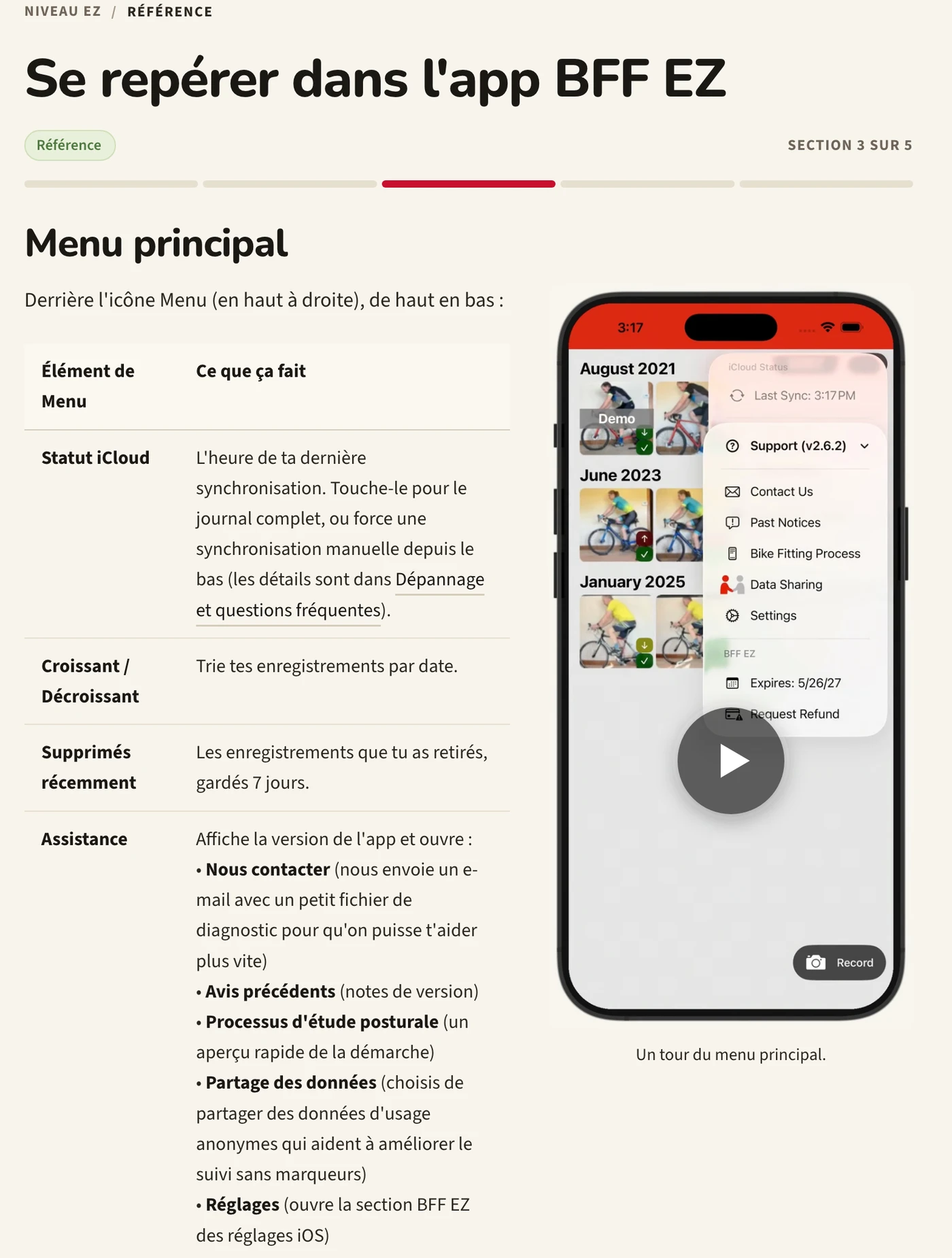 La page de référence pour naviguer dans l'app BFF EZ sur l'Académie BFF : un tableau de chaque élément du menu principal et de sa fonction, à côté d'un téléphone avec ce menu ouvert