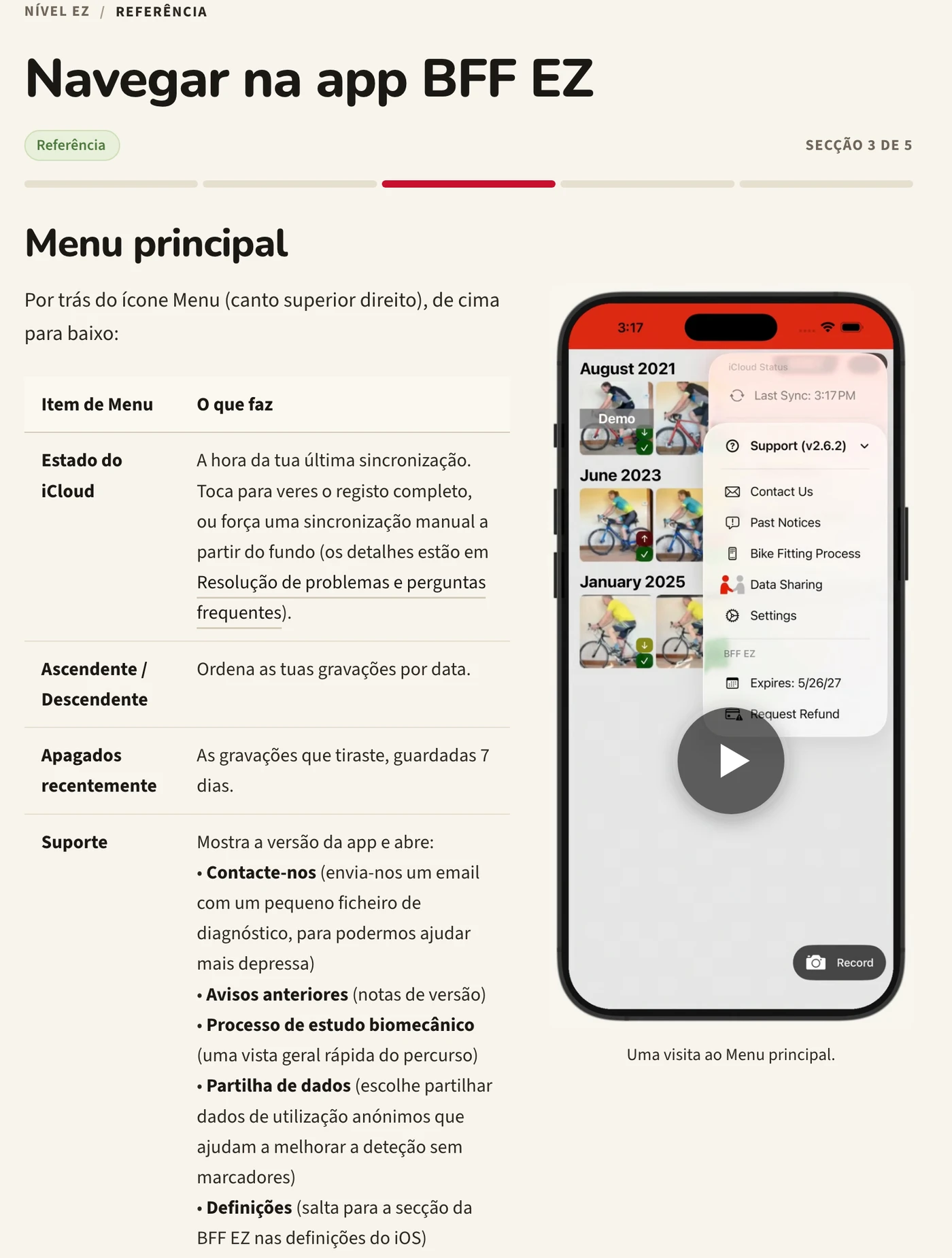 A página de referência para navegar na app BFF EZ na Academia BFF: uma tabela com cada item do menu principal e a sua função, ao lado de um telemóvel com esse menu aberto