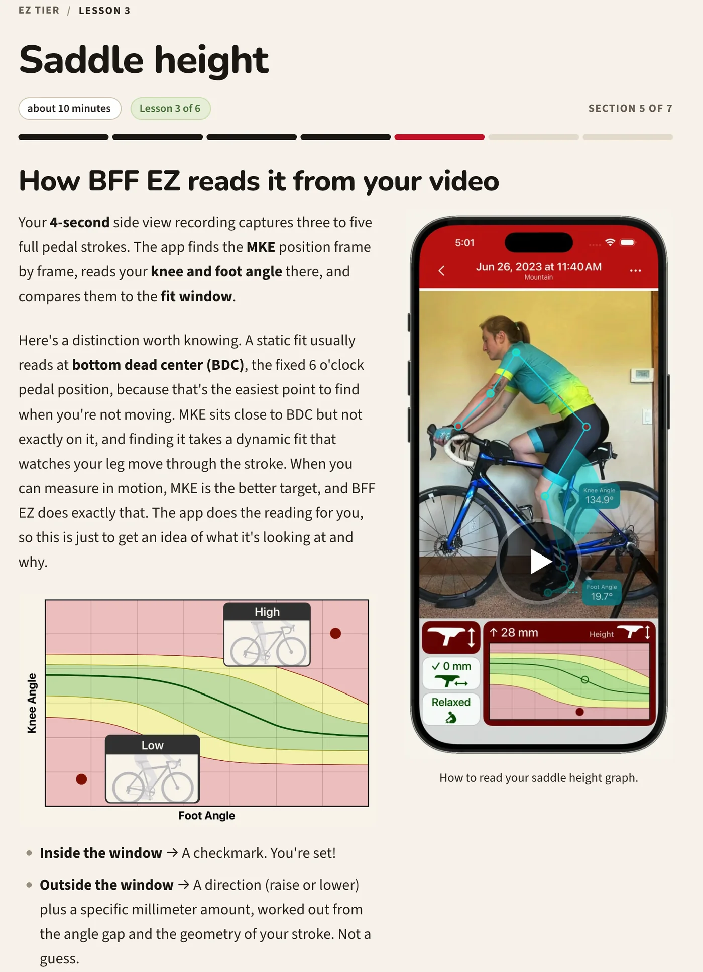 The Saddle height lesson in BFF Academy: explanatory text beside a phone showing the app reading a saddle height, with a knee angle chart below