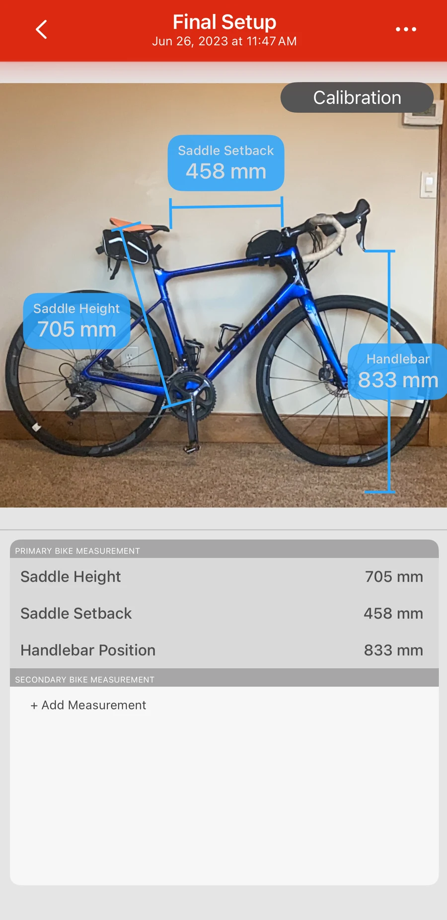 The Bike Fast Fit Elite bike measurement screen: a photographed bike with saddle height, saddle setback and handlebar position marked and listed