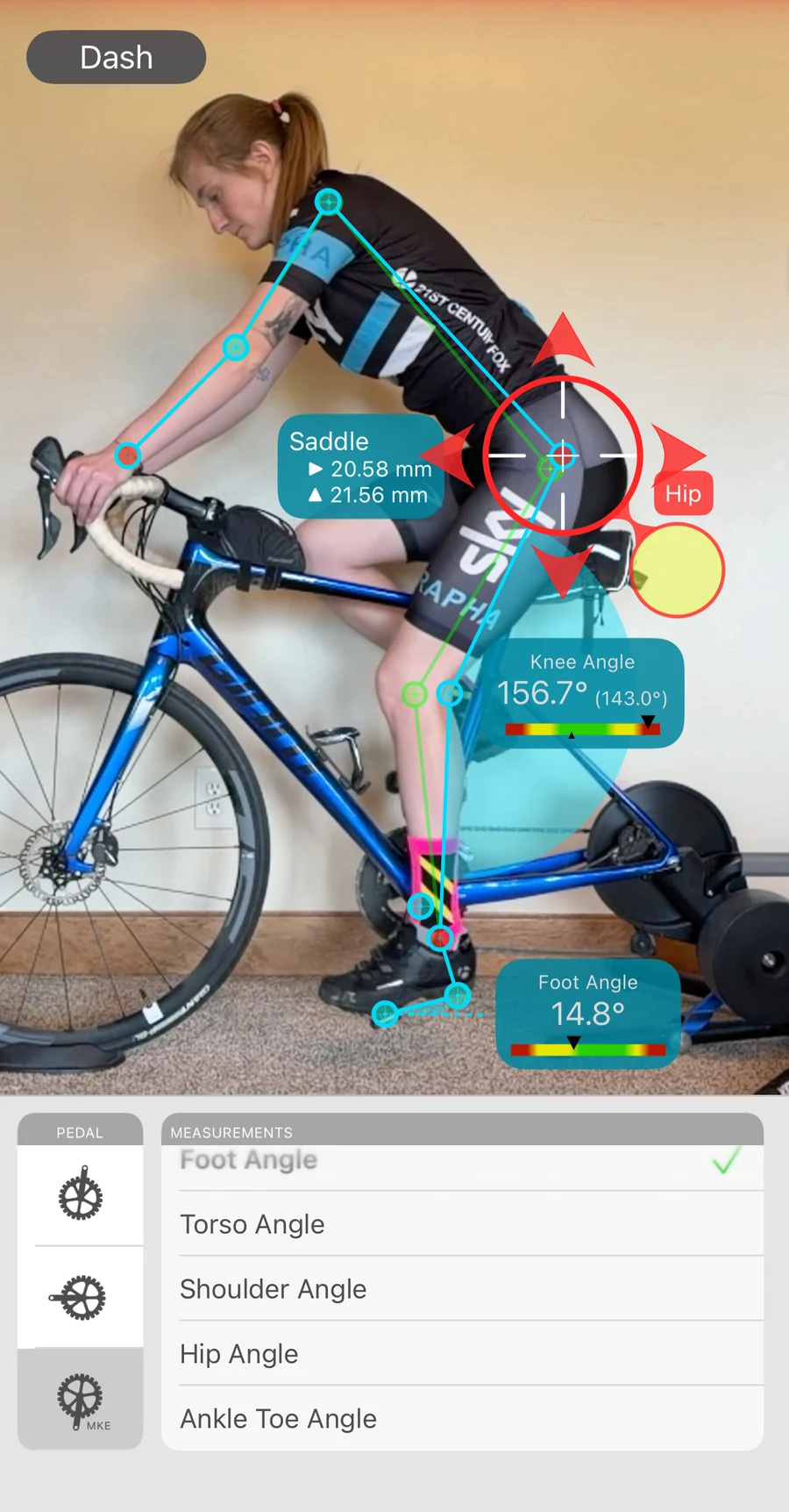 Explore Possible Changes in Bike Fast Fit Elite: a saddle move in millimetres, across and up or down, previewed on a tracked rider, with the resulting knee angle shown beside the original