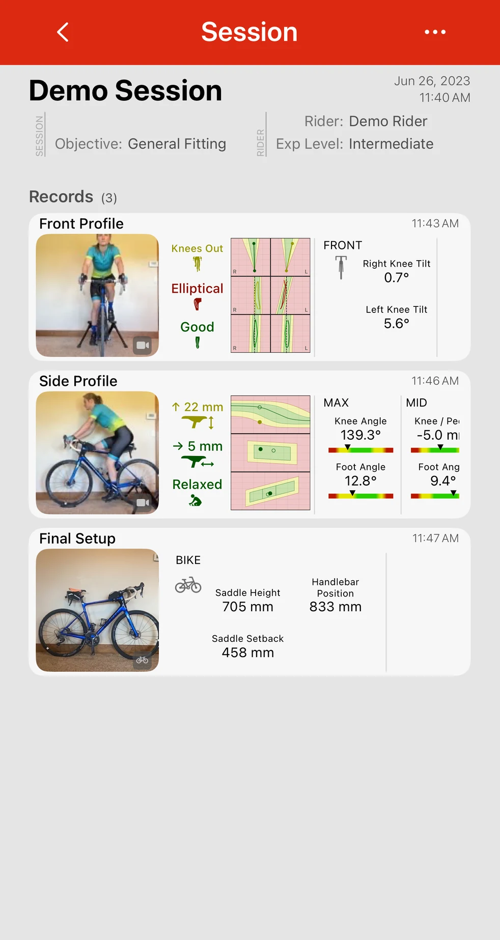 A Bike Fast Fit Elite session with its records listed underneath, each showing the tracked frame and the saddle height, fore and aft, and position results from it