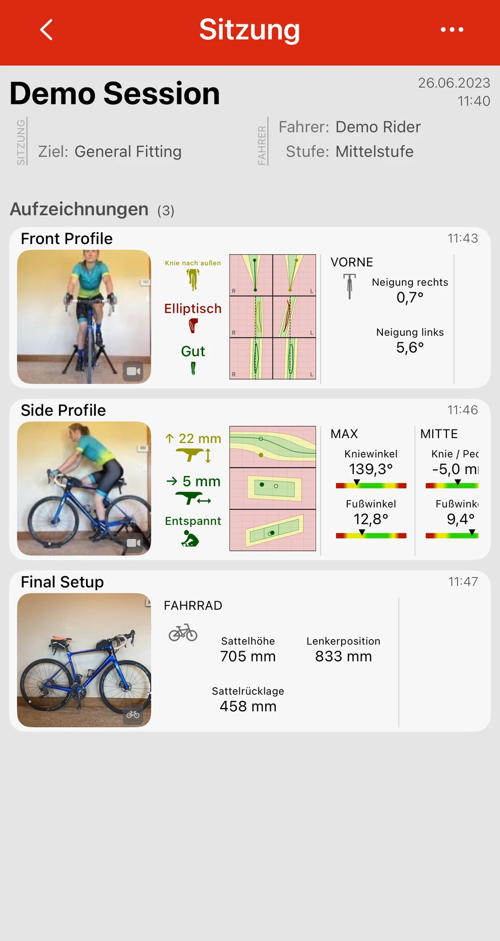 Eine Bike Fast Fit Elite-Sitzung mit ihren Aufzeichnungen darunter, jede mit getracktem Frame und den Ergebnissen für Sattelhöhe, Position vor/zurück und Haltung