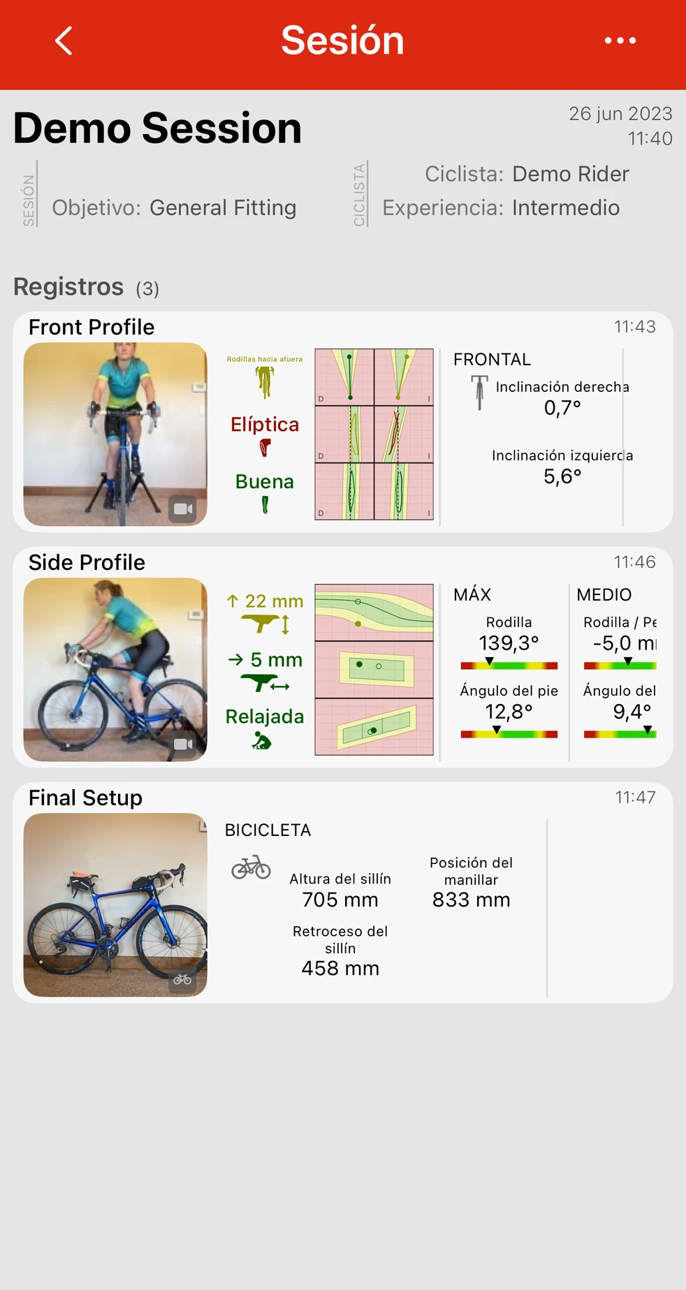 Una sesión de Bike Fast Fit Elite con sus registros debajo, cada uno con el cuadro rastreado y los resultados de altura del sillín, posición adelante/atrás y postura