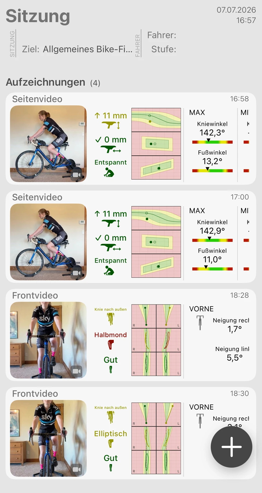 Eine Bike Fast Fit Elite-Sitzung mit den darunter aufgeführten Aufzeichnungen, jede seitliche Aufzeichnung mit getracktem Frame und den Ergebnissen für Sattelhöhe, Position vor/zurück, Haltung und Knie