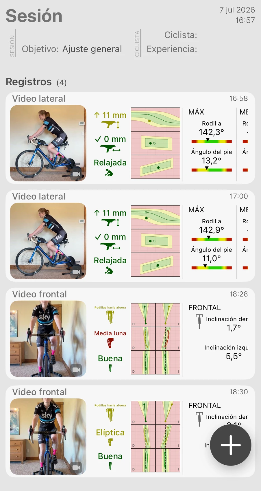 Una sesión de Bike Fast Fit Elite con sus registros listados debajo, cada registro lateral con su cuadro rastreado y los resultados de altura del sillín, posición adelante/atrás, postura y rodilla
