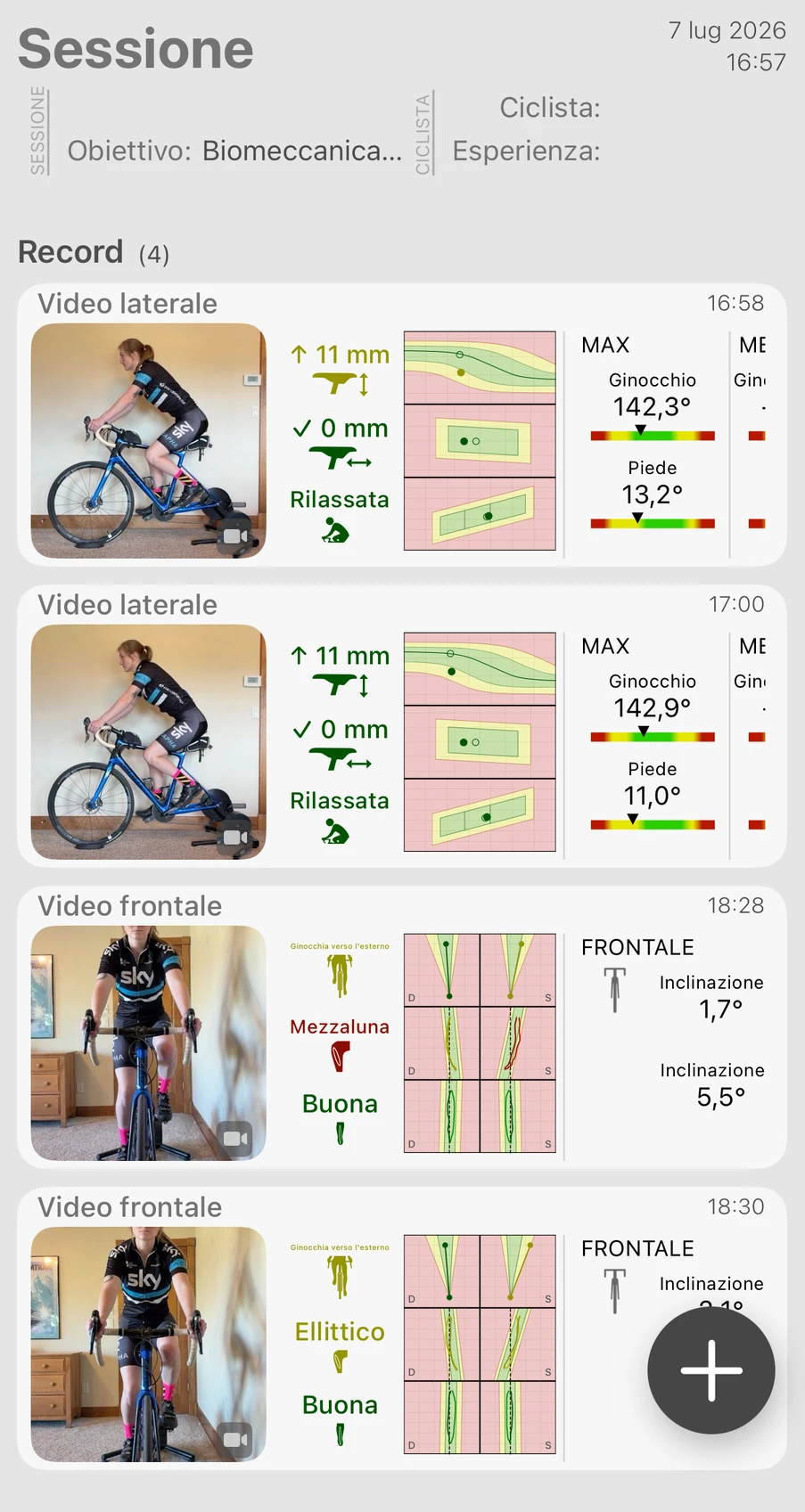 Una sessione di Bike Fast Fit Elite con le sue registrazioni elencate sotto, ciascuna registrazione laterale con il suo fotogramma tracciato e i risultati di altezza sella, posizione avanti/indietro, postura e ginocchio