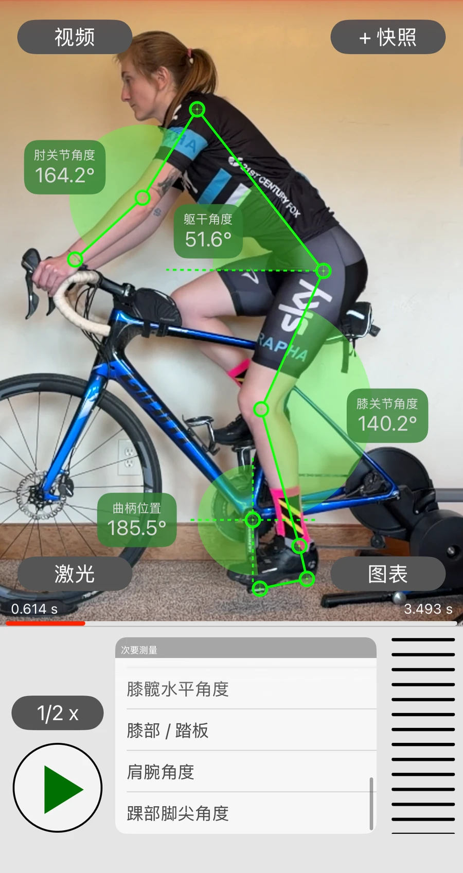 Bike Fast Fit Elite 在一位被跟踪的骑手身上同时显示六个角度：肘、肩、髋、膝、曲柄位置和脚，下方是展开的次要测量列表
