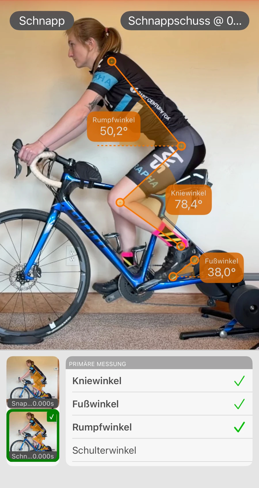 Ein Schnappschuss in Bike Fast Fit Elite bei null Sekunden mit Rumpf-, Knie- und Fußwinkel auf dem eingefrorenen Bild, daneben die Miniatur eines zweiten Schnappschusses