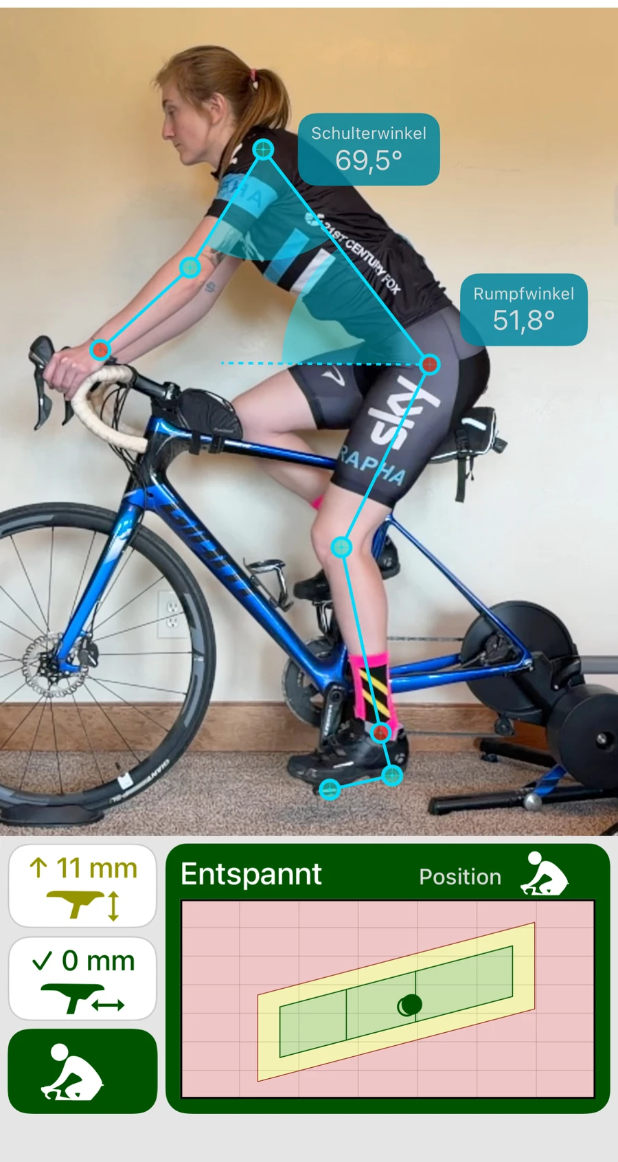 Bike Fast Fit EZ zeigt einen getrackten Fahrer mit Schulter- und Rumpfwinkel, daneben Sattelhöhe, Sattelposition vor/zurück und das Haltungsergebnis Entspannt