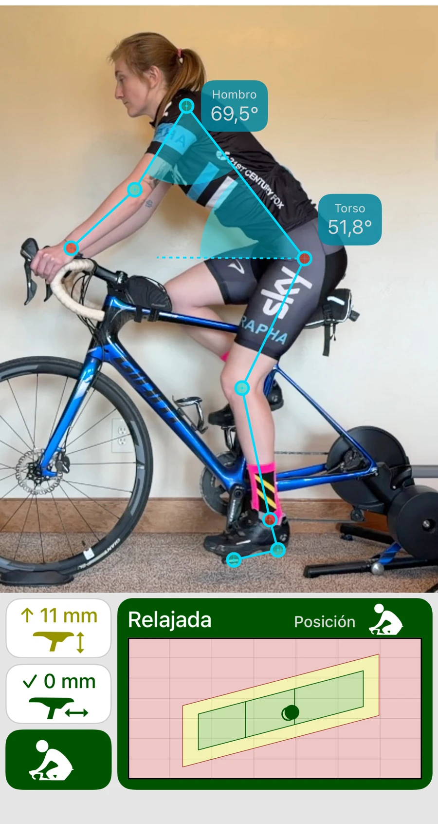 Bike Fast Fit EZ muestra un ciclista rastreado con ángulos de hombro y torso, junto a la altura del sillín, la posición adelante/atrás y el resultado de postura Relajada