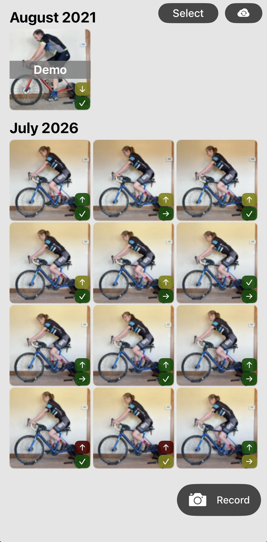 The Bike Fast Fit EZ recording library: recordings grouped by month, a demo recording alongside the rider's own, each marked with its saddle height and fore-aft result, and a Record button