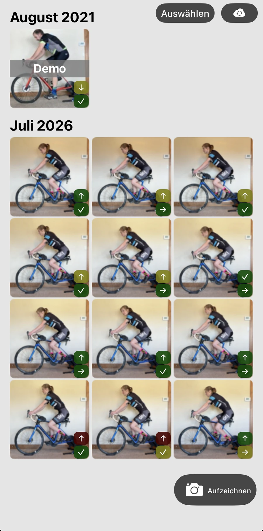 Die Aufzeichnungsbibliothek von Bike Fast Fit EZ: nach Monat gruppierte Aufzeichnungen, eine Demo-Aufzeichnung zusammen mit den eigenen Aufzeichnungen des Fahrers, jede mit ihrem Ergebnis für Sattelhöhe und Position vor/zurück, dazu die Aufnahmetaste