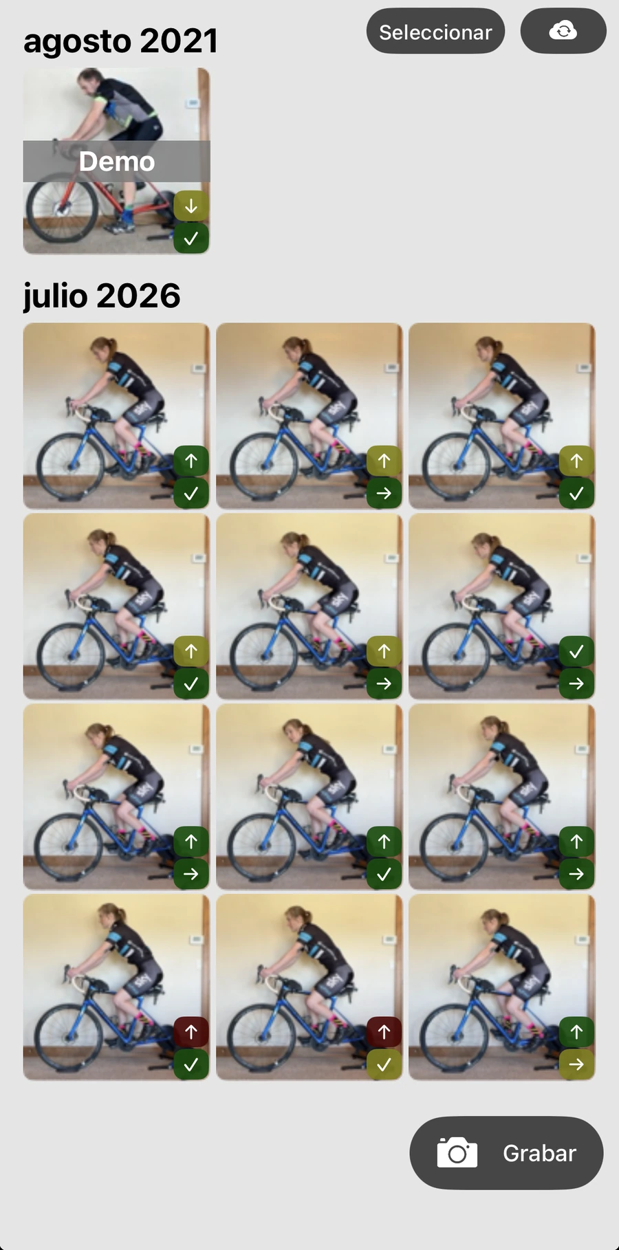 La biblioteca de grabaciones de Bike Fast Fit EZ: grabaciones agrupadas por mes, una demo junto a las del propio ciclista, cada una con su resultado de altura y posición del sillín, y un botón de grabar