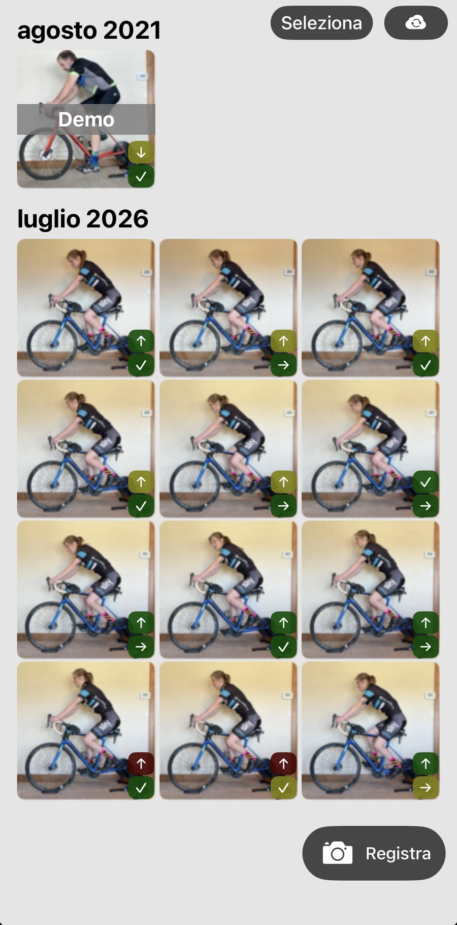 La libreria delle registrazioni di Bike Fast Fit EZ: registrazioni raggruppate per mese, una demo insieme a quelle del ciclista, ciascuna con il suo risultato di altezza e posizione della sella, e un pulsante di registrazione