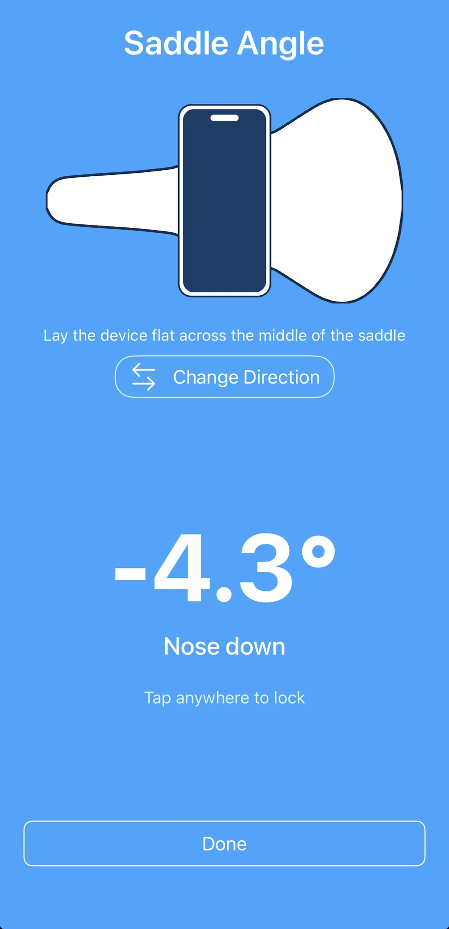 The Saddle Angle tool in Bike Fast Fit EZ reading saddle tilt in degrees, nose up or nose down, with a diagram showing the phone laid flat across the saddle