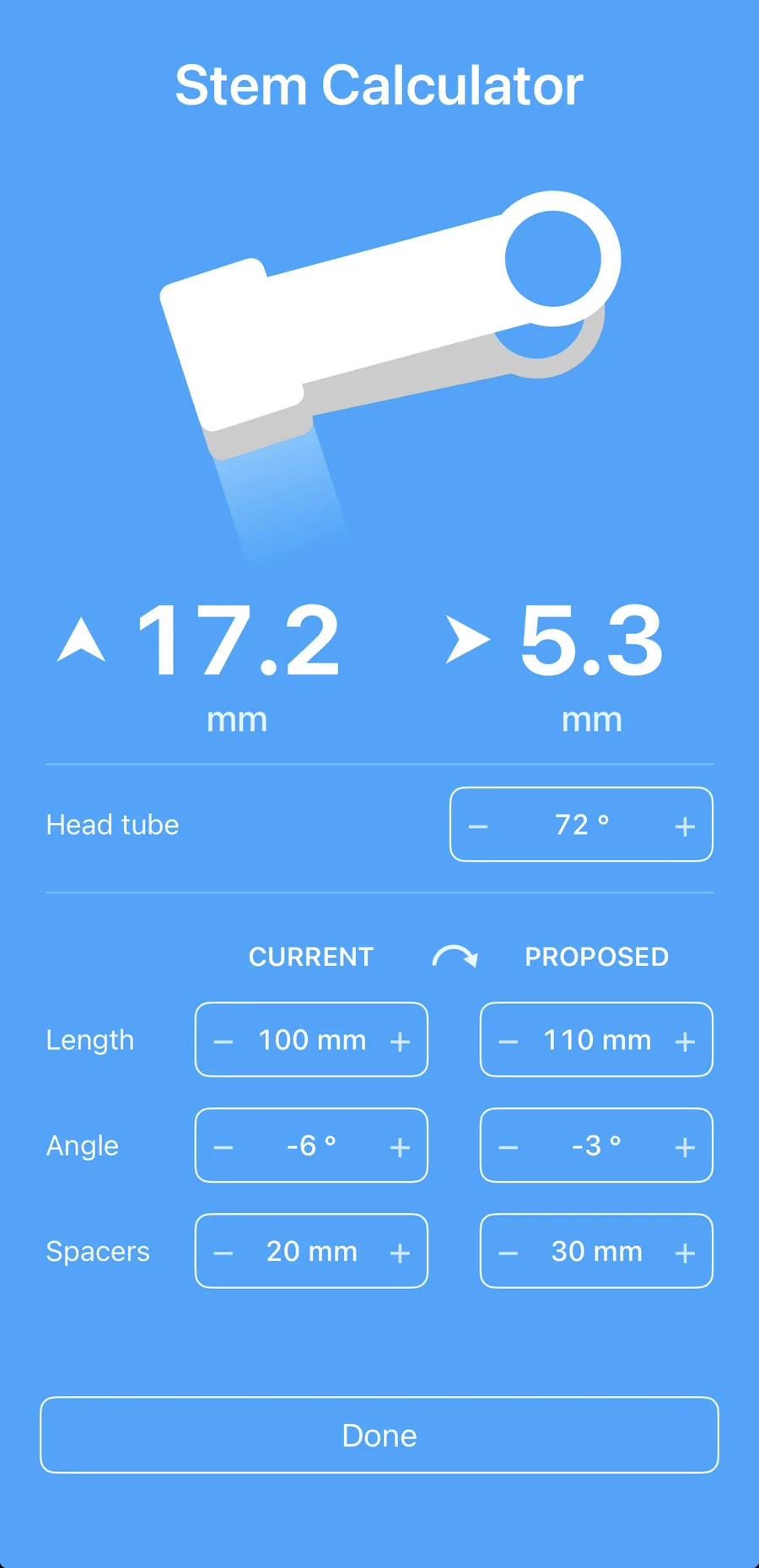 The Stem Calculator in Bike Fast Fit EZ comparing a current stem length against a proposed one, showing how far the handlebar would move in millimetres, up or down and forward or back