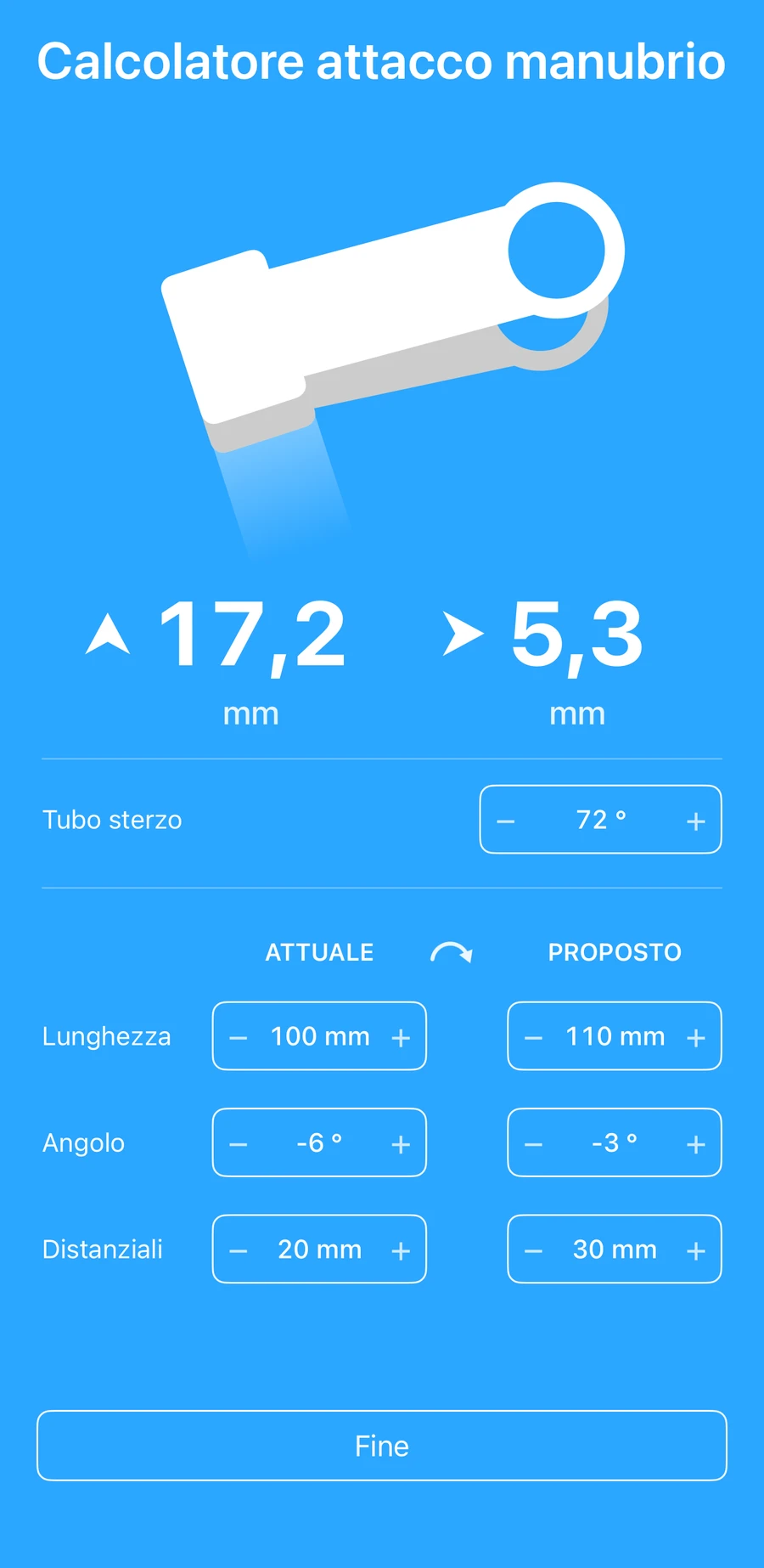 Il calcolatore attacco in Bike Fast Fit EZ confronta un attacco attuale con uno proposto; mostra di quanto si sposterebbe il manubrio in millimetri, in alto o in basso e in avanti o indietro