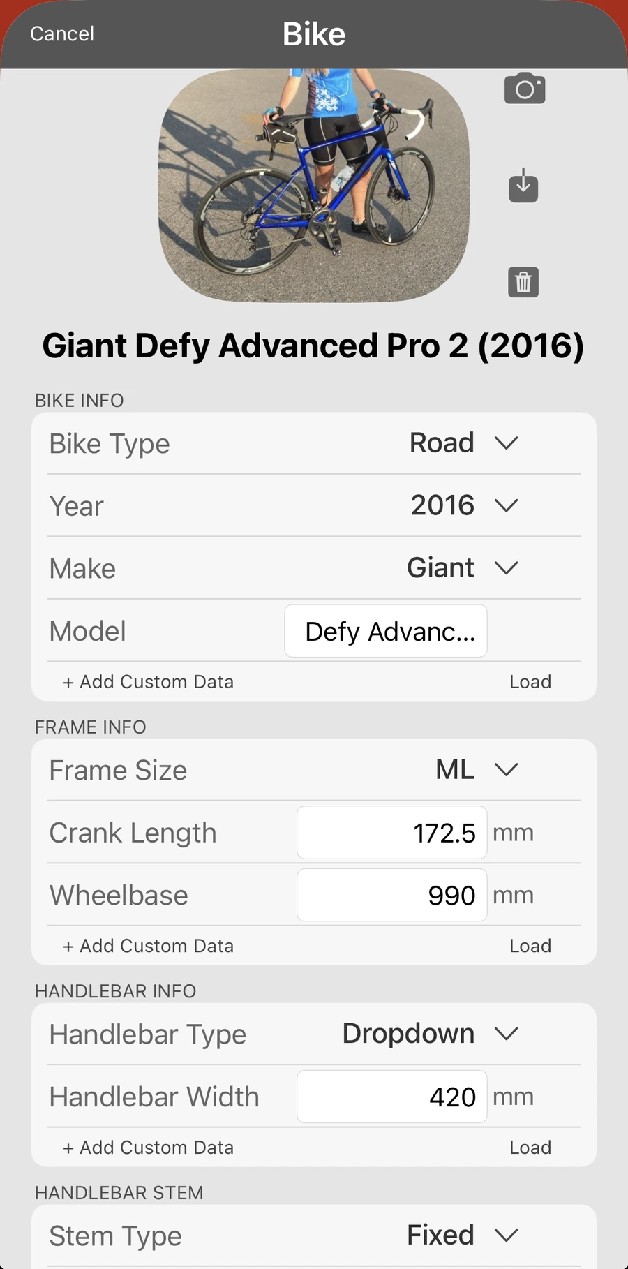 A bike record in Bike Fast Fit Pro with the bike photo and its measurements