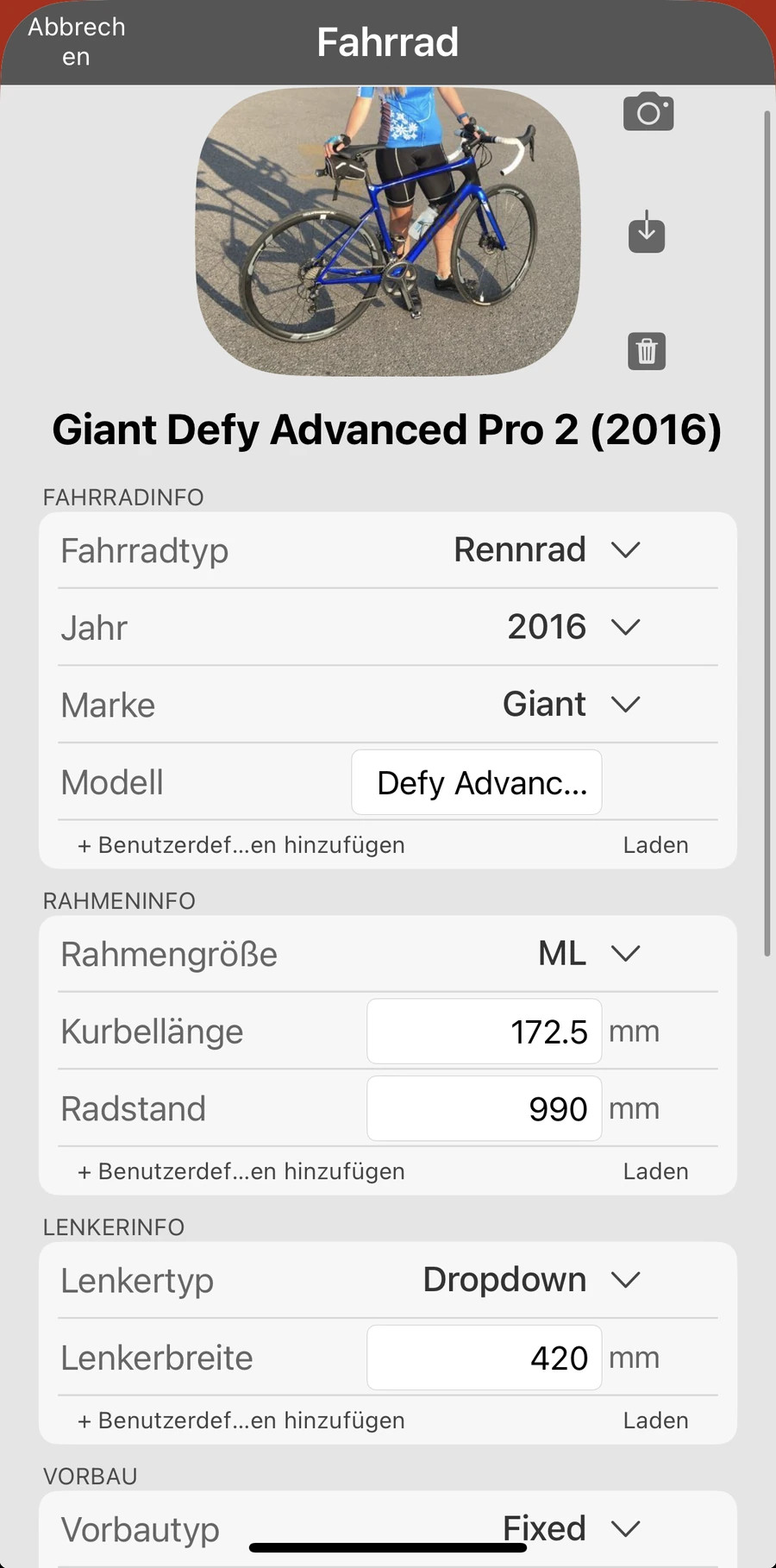 Ein Fahrrad-Datensatz in Bike Fast Fit Pro mit dem Foto des Rads und seinen Messungen