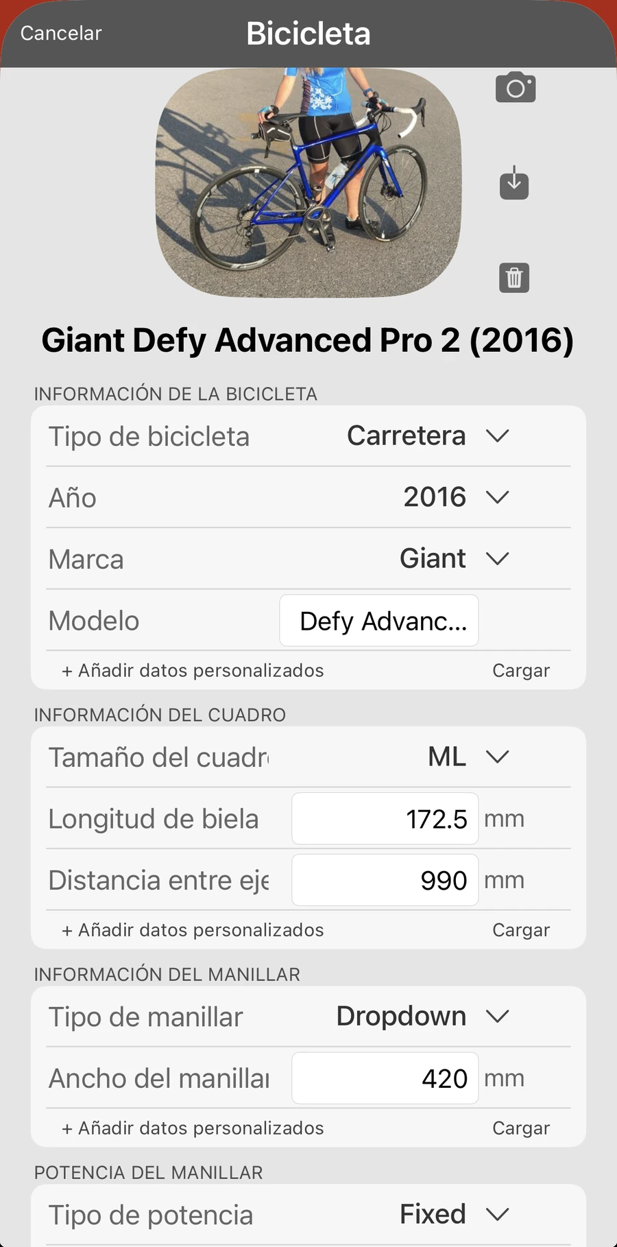Un registro de bicicleta en Bike Fast Fit Pro con la foto de la bicicleta y sus mediciones