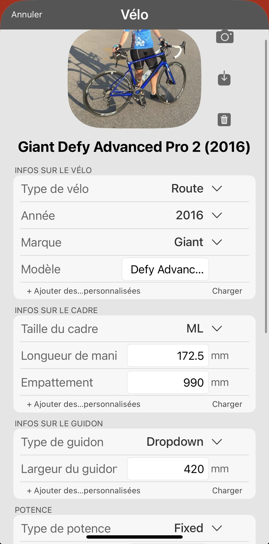 Une fiche vélo dans Bike Fast Fit Pro avec la photo du vélo et ses mesures