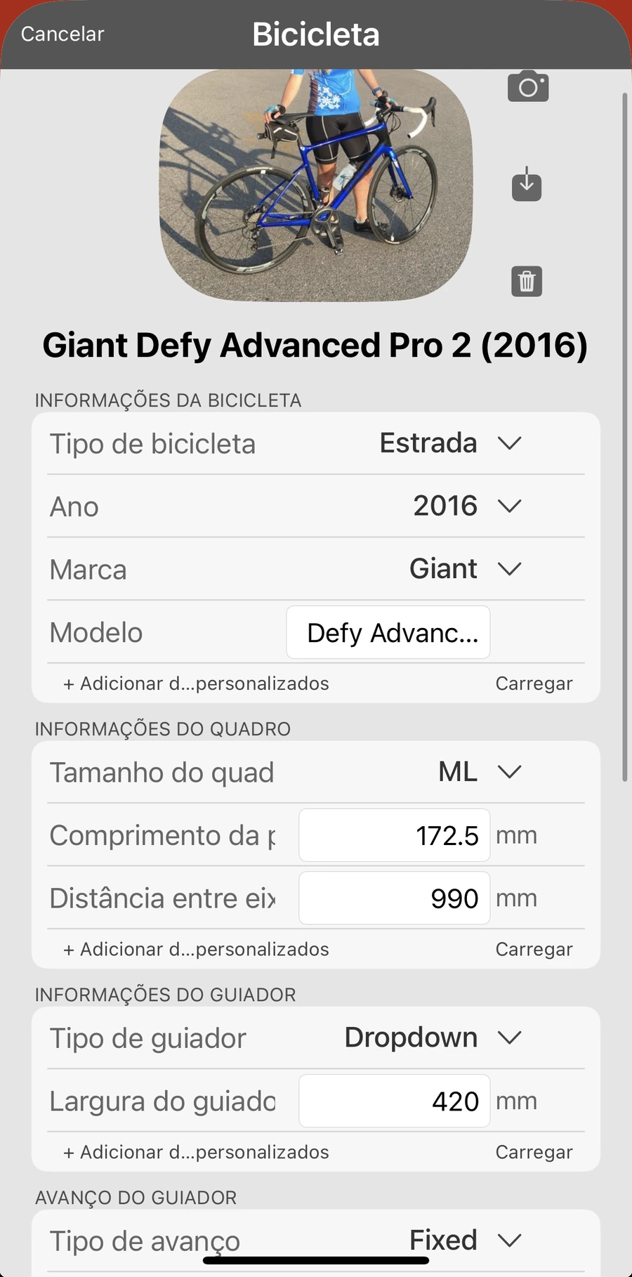Um registo de bicicleta na Bike Fast Fit Pro com a foto da bicicleta e as suas medições