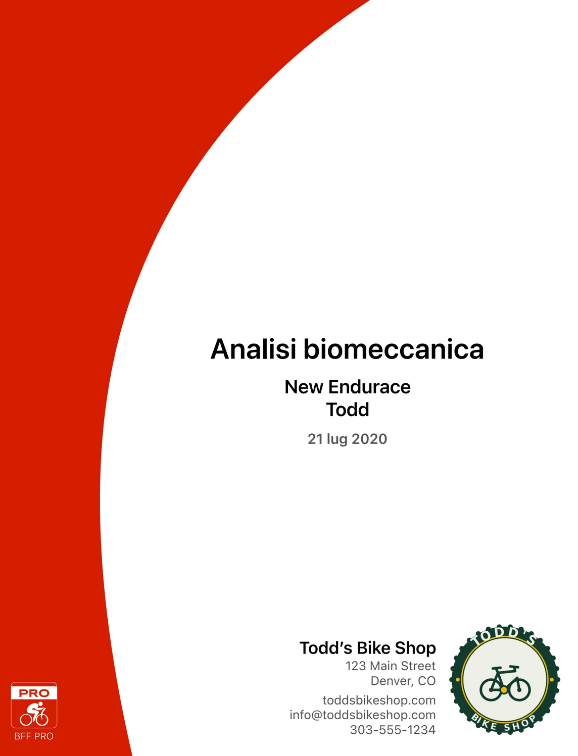 Una copertina di rapporto di Bike Fast Fit Pro finita, intitolata Analisi biomeccanica con il nome del ciclista e la data, con il marchio di un negozio di bici: nome, indirizzo, sito, email, telefono e logo