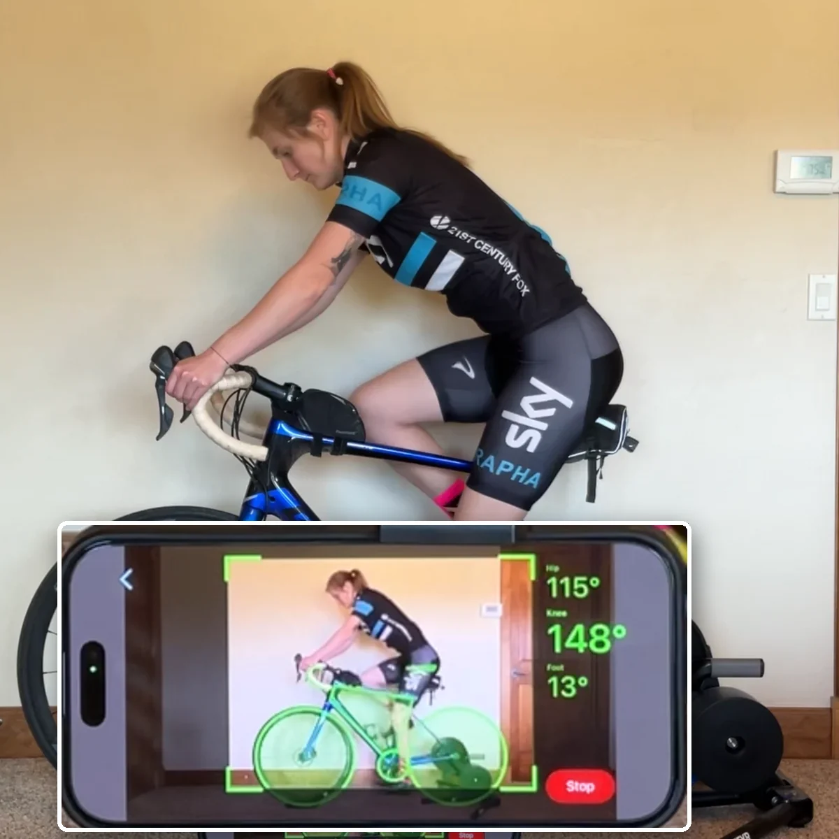 A rider pedaling on an indoor trainer while a mounted iPhone runs Bike Fast Fit Pro LiveCheck, with an enlarged view of that screen showing live hip, knee, and foot angles on the tracked skeleton