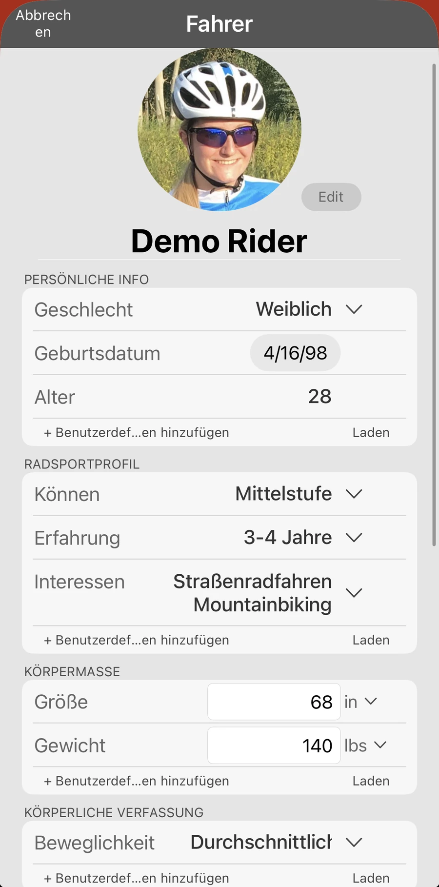 Eine Fahrerakte in Bike Fast Fit Pro mit persönlichen Angaben, Radsportprofil, Körpermaßen, körperlicher Verfassung und einer Verletzungshistorie, alles bearbeitbar