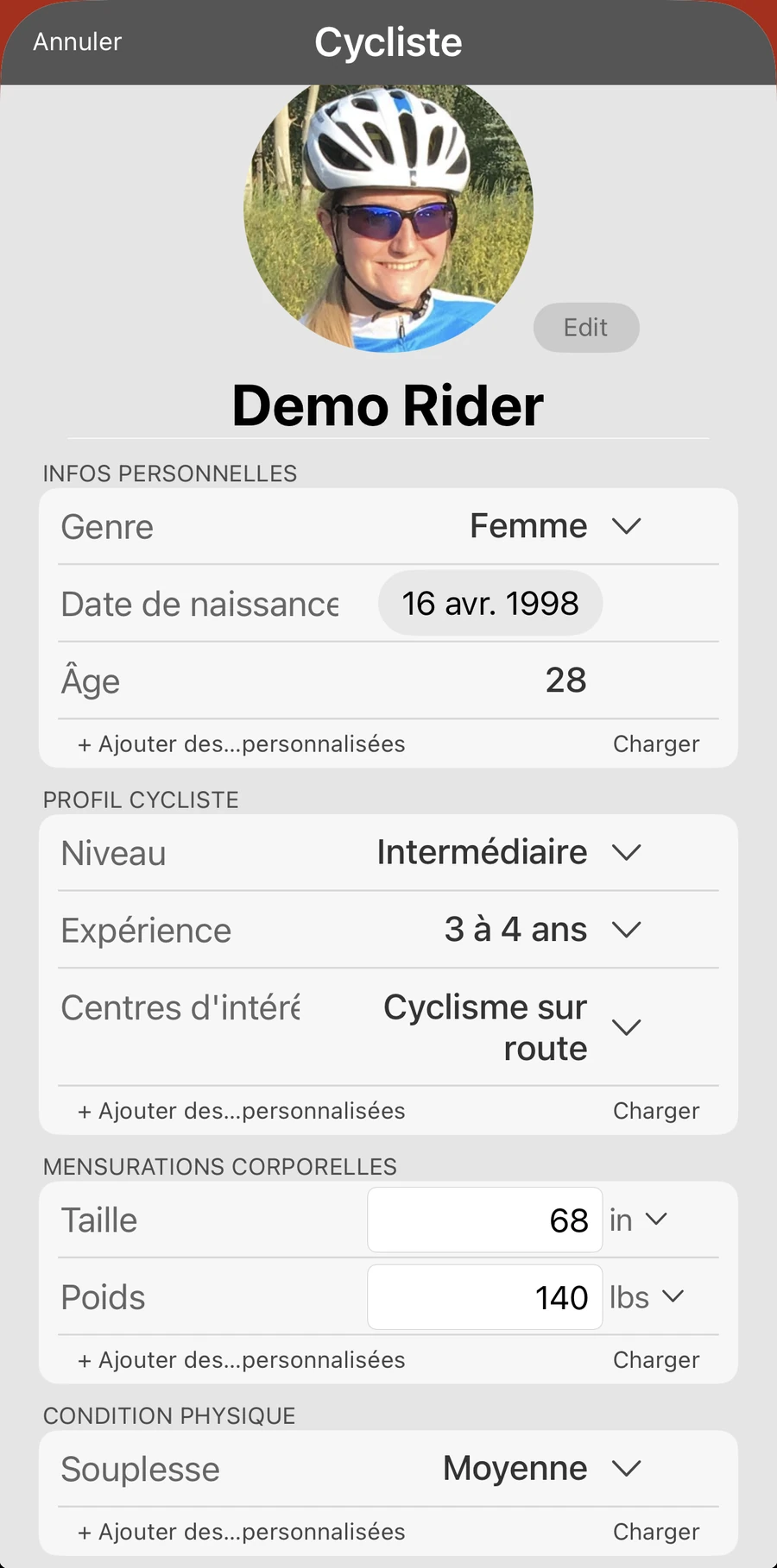 Une fiche cycliste dans Bike Fast Fit Pro avec les informations personnelles, le profil cycliste, les mensurations, la condition physique et un historique de blessures, le tout modifiable