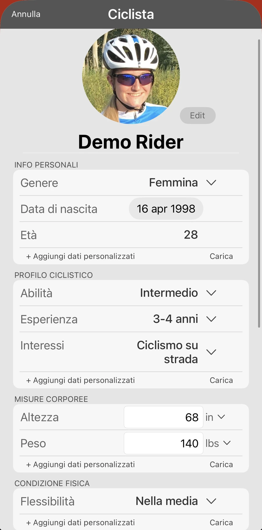 Una scheda ciclista in Bike Fast Fit Pro con dati personali, profilo ciclistico, misure corporee, condizione fisica e uno storico degli infortuni, tutto modificabile