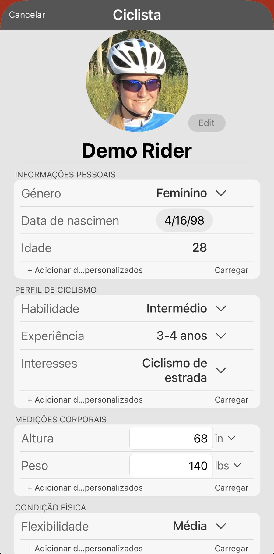 Um registo de ciclista na Bike Fast Fit Pro com dados pessoais, perfil de ciclismo, medidas corporais, condição física e um historial de lesões, tudo editável