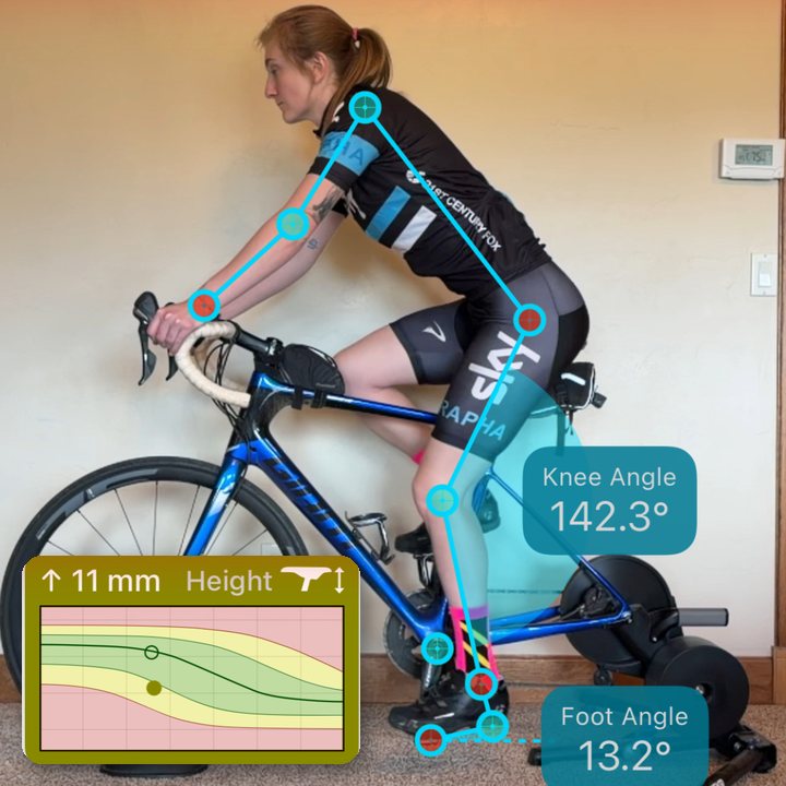 A tracked rider with knee and foot angle readouts, alongside the Bike Fast Fit EZ recommendation to raise or lower the saddle in millimetres