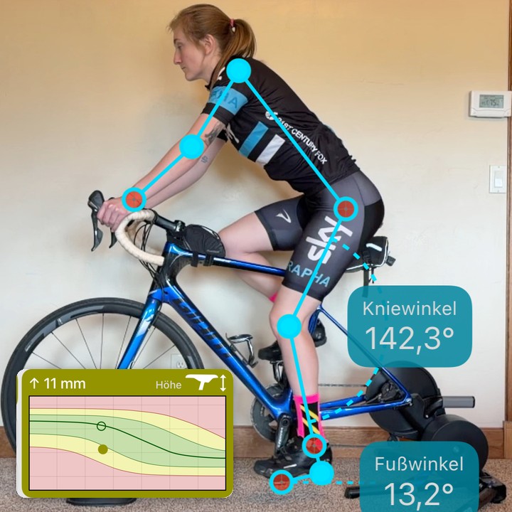 Ein getrackter Fahrer mit Messwerten für Knie- und Fußwinkel, daneben die Empfehlung von Bike Fast Fit EZ, den Sattel in Millimetern anzuheben oder abzusenken