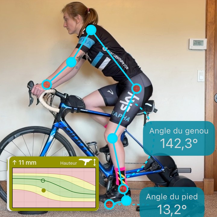 Un cycliste suivi avec les lectures des angles du genou et du pied, à côté de la recommandation de Bike Fast Fit EZ de monter ou baisser la selle en millimètres